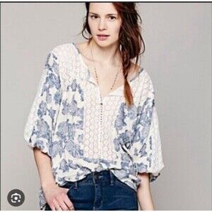 Free People Floral Lace Moon River Boho Blouse size M E2
